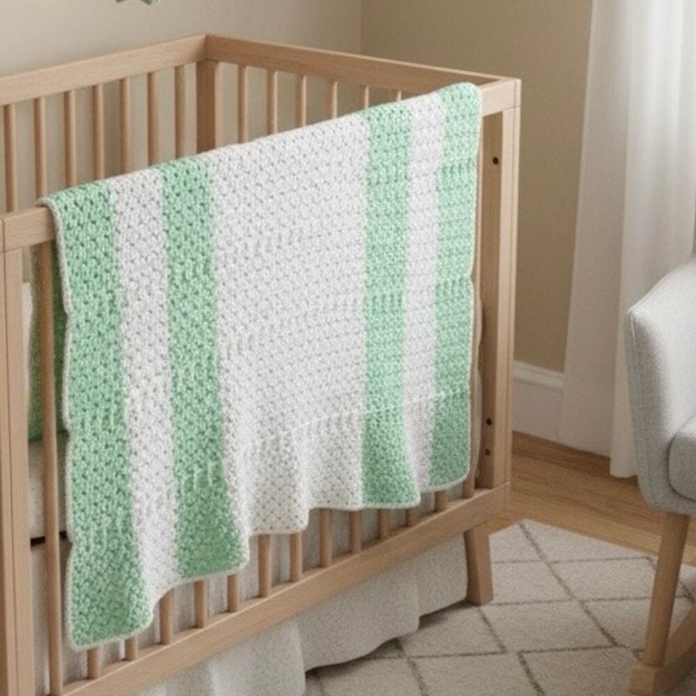 Handmade Crocheted Baby Blanket Reversible Mint Green and White Gender Neutral